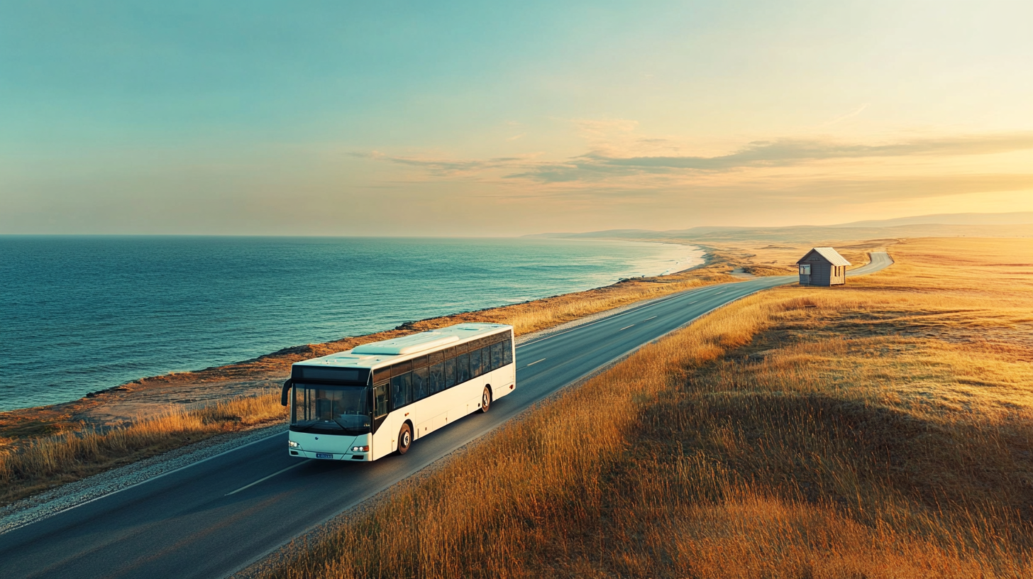 Bus fährt entlang einer Küstenstraße