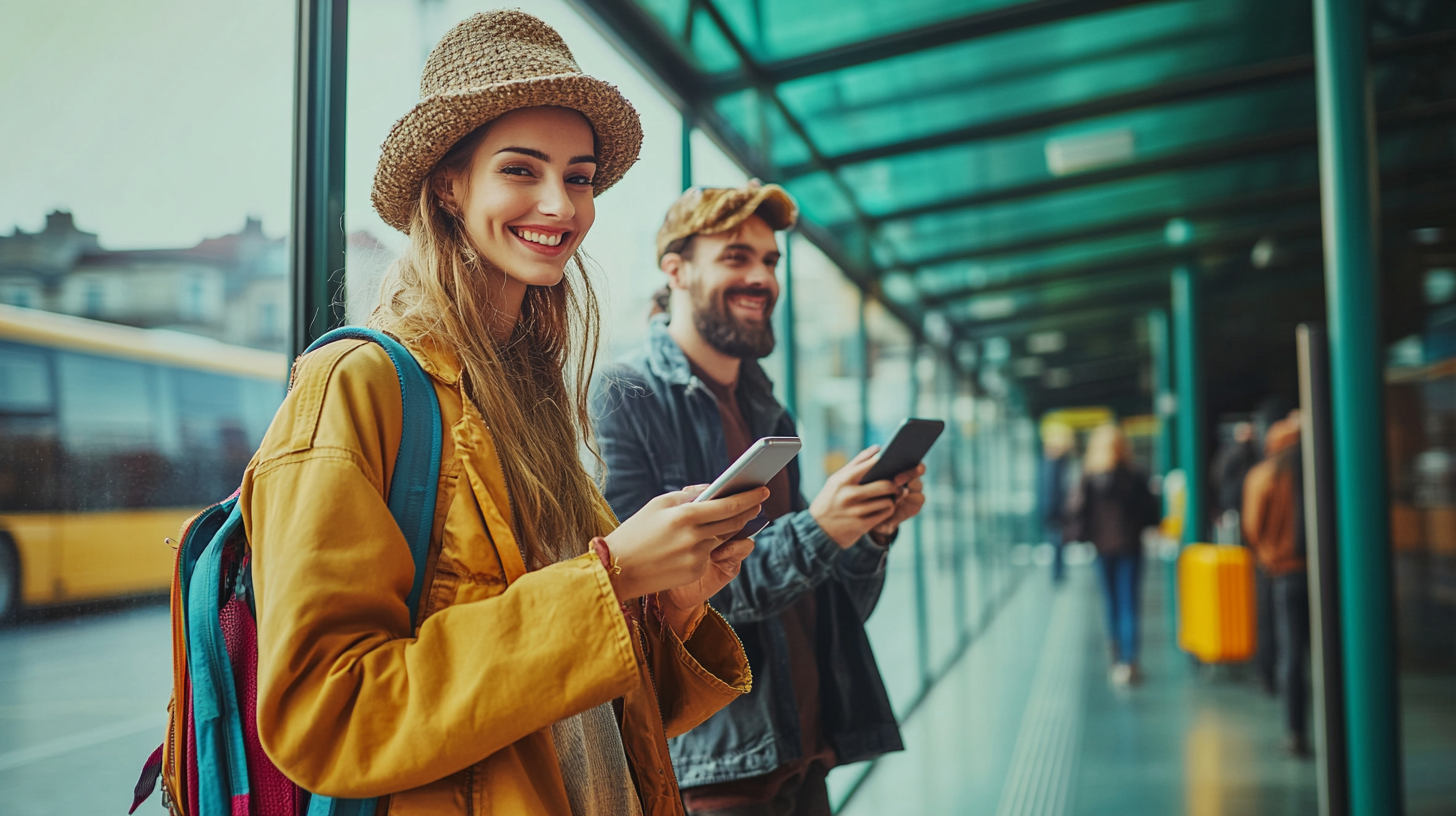 Reisende am modernen Busbahnhof